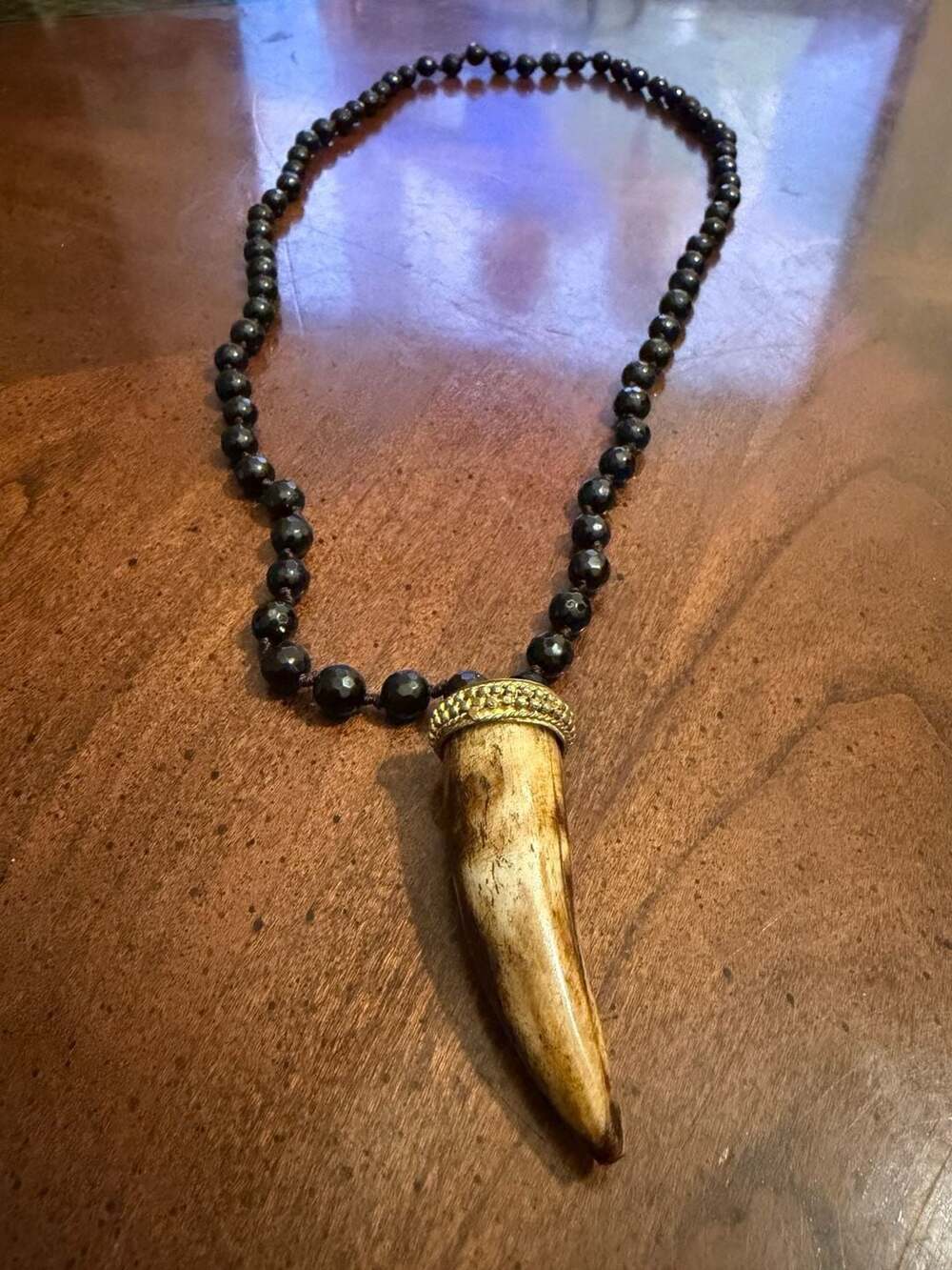 Handmade Carved Tusk Horn Pendant Necklace with Faceted Black Beads